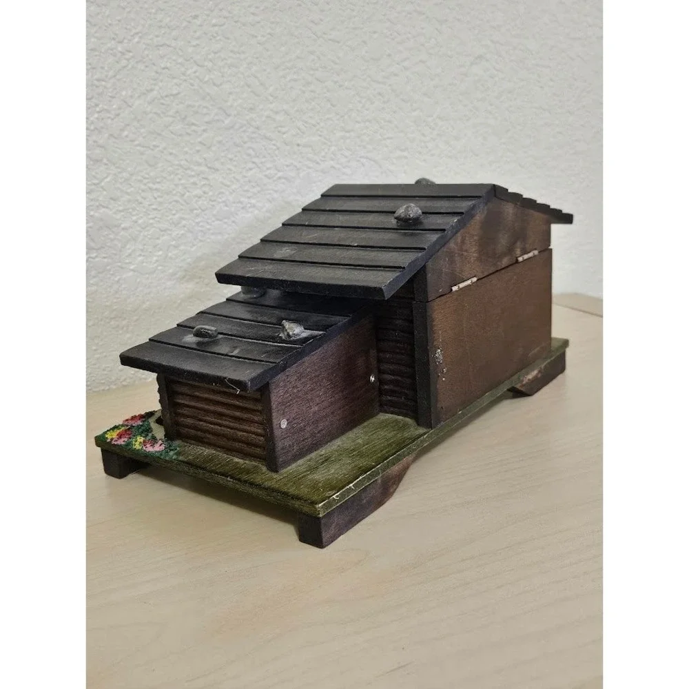 Vintage Japan Wood Chalet Music Box Water Wheel Alpine Cabin Jewelry Box Mirror
